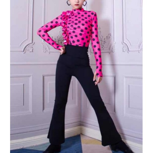 Girls kids blue fuchsia polka dot ballroom latin dance costumes children modern salsa rumba chacha dancing tops and pants 